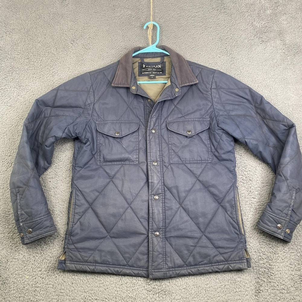 Filson Jacket Mens Small Navy Quilted PrimaLoft Hyder Collar Snap Front Warm